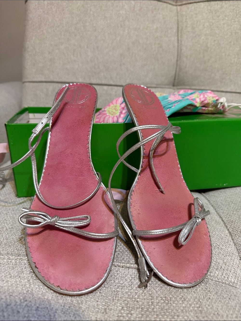 Lilly Pulitzer Silver Strappy Sandals with Pink Insole
